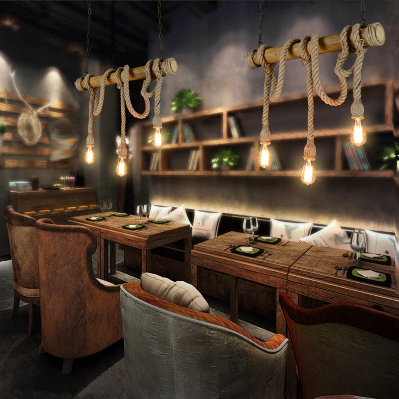 Bamboo 3 / 6 - Light Island Light Industrial Ceiling Pendant with Hemp Rope