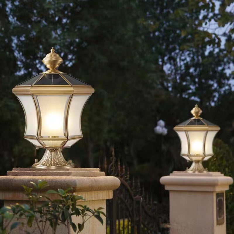 Metal Drum Shape Outdoor Lights Modern Style 1 Light Solar Pillar Lamp in Brass