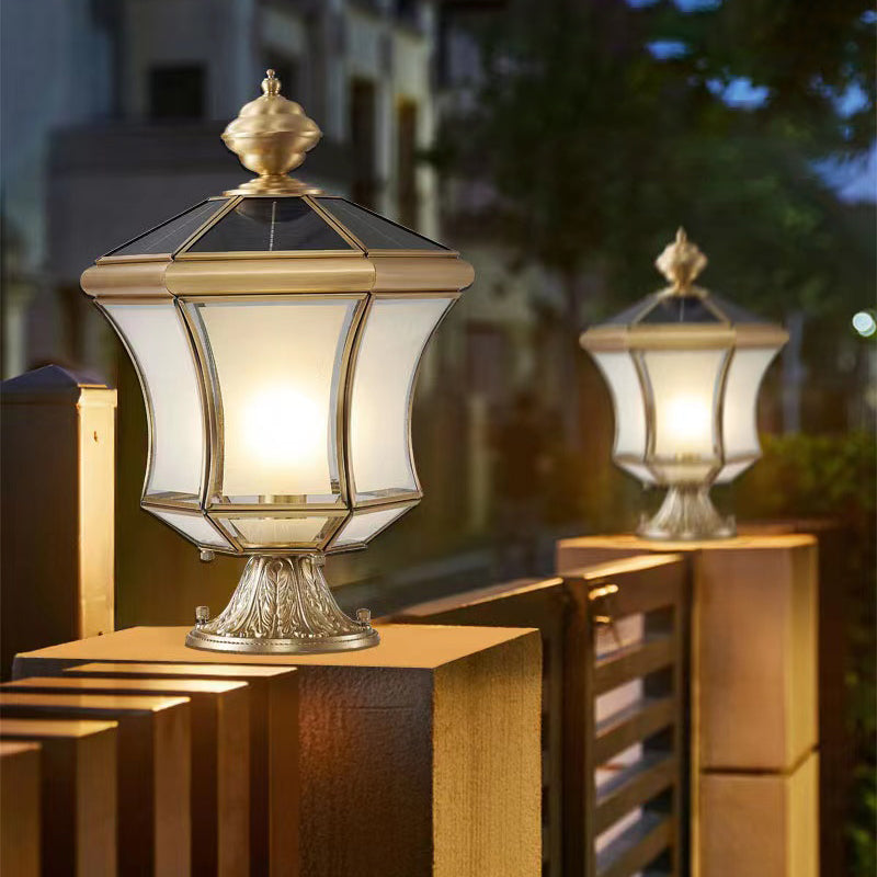 Metal Drum Shape Outdoor Lights Modern Style 1 Light Solar Pillar Lamp in Brass