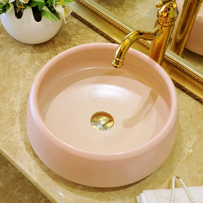 Traditional Bathroom Sink Porcelain Round Vessel Sink with Pop-Up Drain