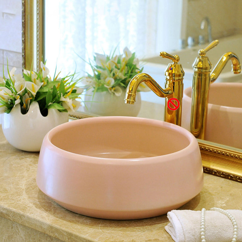 Traditional Bathroom Sink Porcelain Round Vessel Sink with Pop-Up Drain