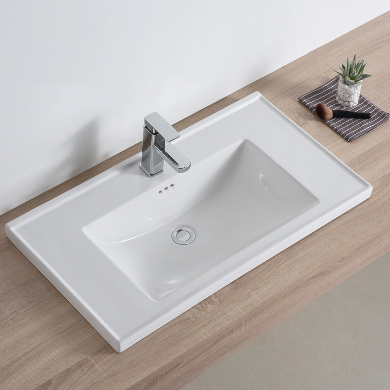 Modern Bathroom Sink Porcelain Rectangular Drop-in Bathroom Sink with Pop-Up Drain