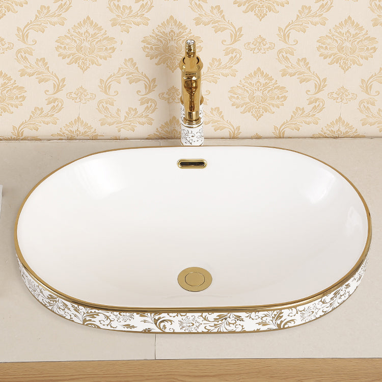 Traditional Bathroom Sink Porcelain Oval-Shape Vessel Bathroom Sink with Pop-Up Drain