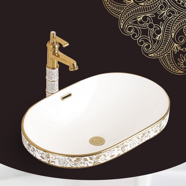 Traditional Bathroom Sink Porcelain Oval-Shape Vessel Bathroom Sink with Pop-Up Drain