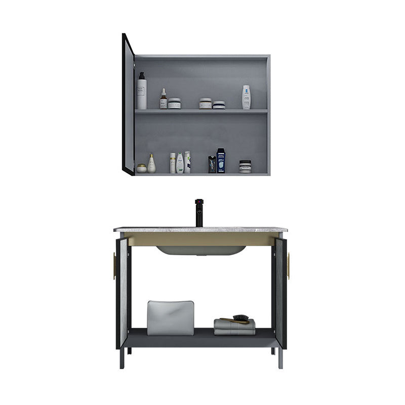 Contemporary Sink Cabinet Freestanding Mirror Cabinet Bathroom Vanity Set in Gray
