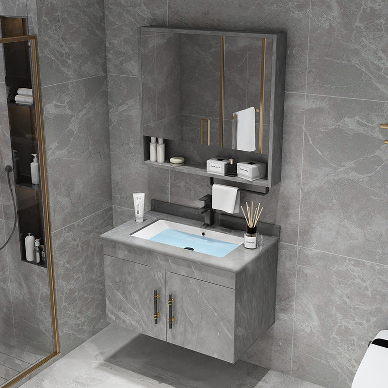 Stone Top Vanity Set Single Sink Mirror Drawers Wall-Mounted Rectangle Vanity with 2 Doors