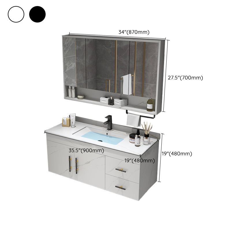 Stone Top Vanity Set Single Sink Mirror Drawers Wall-Mounted Rectangle Vanity with 2 Doors