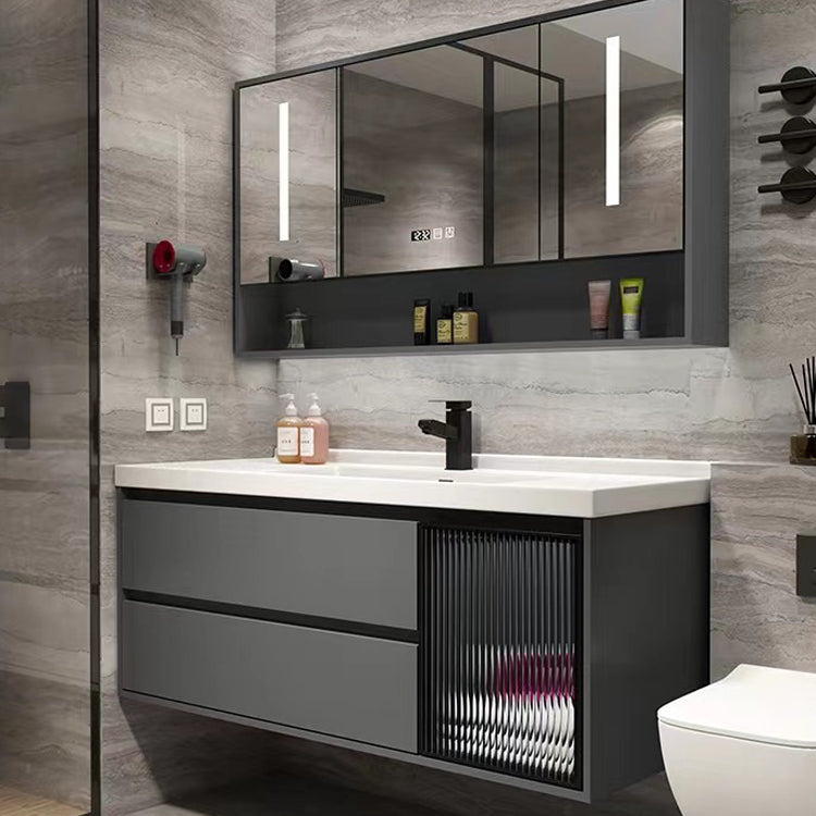 Wall Mount Bath Vanity Grey Metal Frame Mirror Single Sink Bathroom Vanity with Drawers