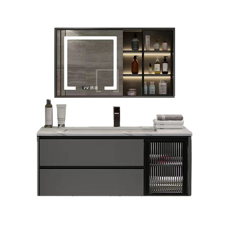 Wall Mount Bath Vanity Grey Metal Frame Mirror Single Sink Bathroom Vanity with Drawers
