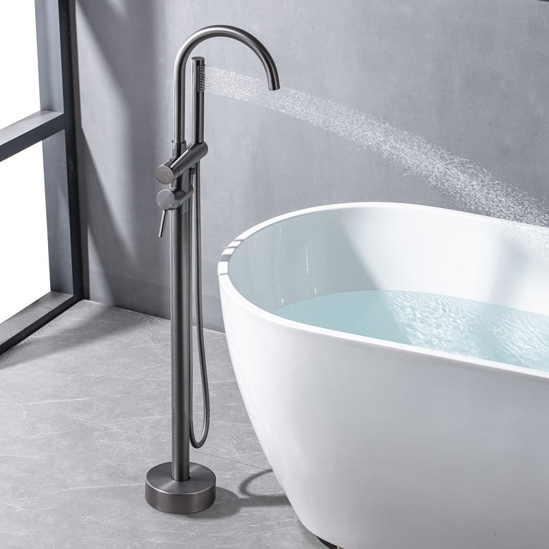 Modern Floor Mounted Metal Freestanding Tub Filler Swivel High Arc Freestanding Faucet