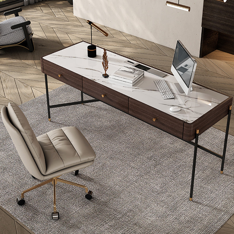 Glam Rectangular Writing Desk Stone Office Desk with 3 Drawers