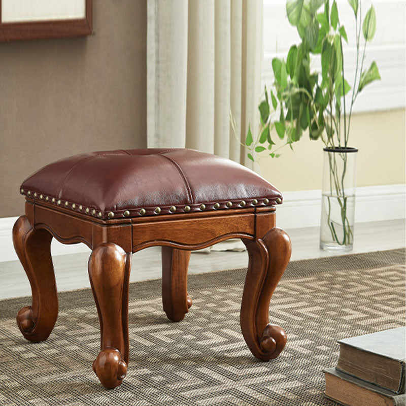 Mid-Century Modern Pouf Ottoman Genuine Leather Tufted Nailhead Trim Rectangle Ottoman