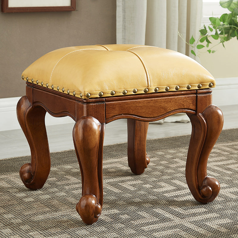 Mid-Century Modern Pouf Ottoman Genuine Leather Tufted Nailhead Trim Rectangle Ottoman