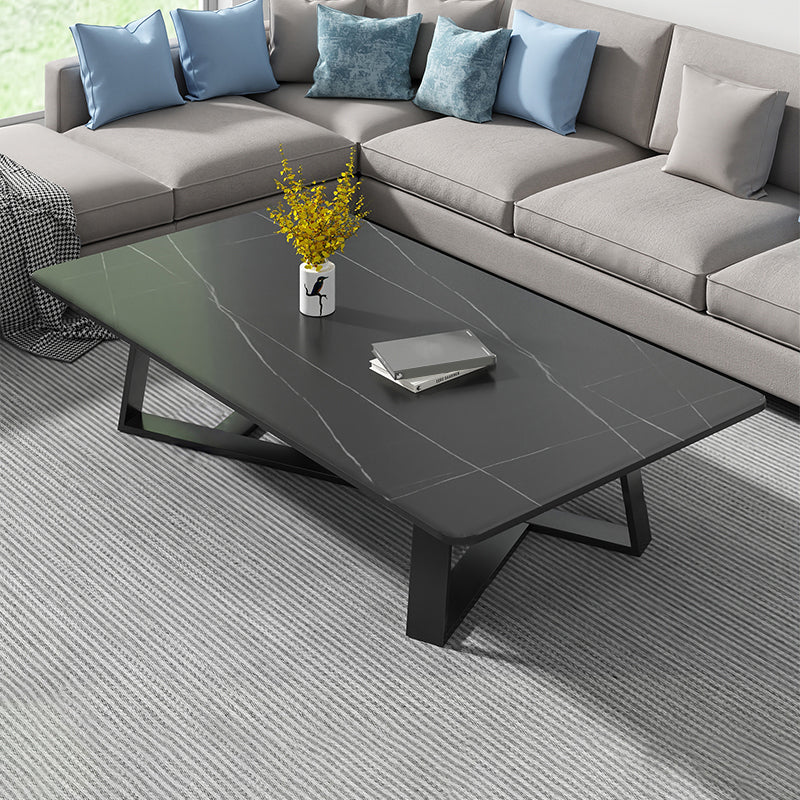 Modern Rectangle Coffee or End Table Stone and Steel Coffee Table with Cross Legs
