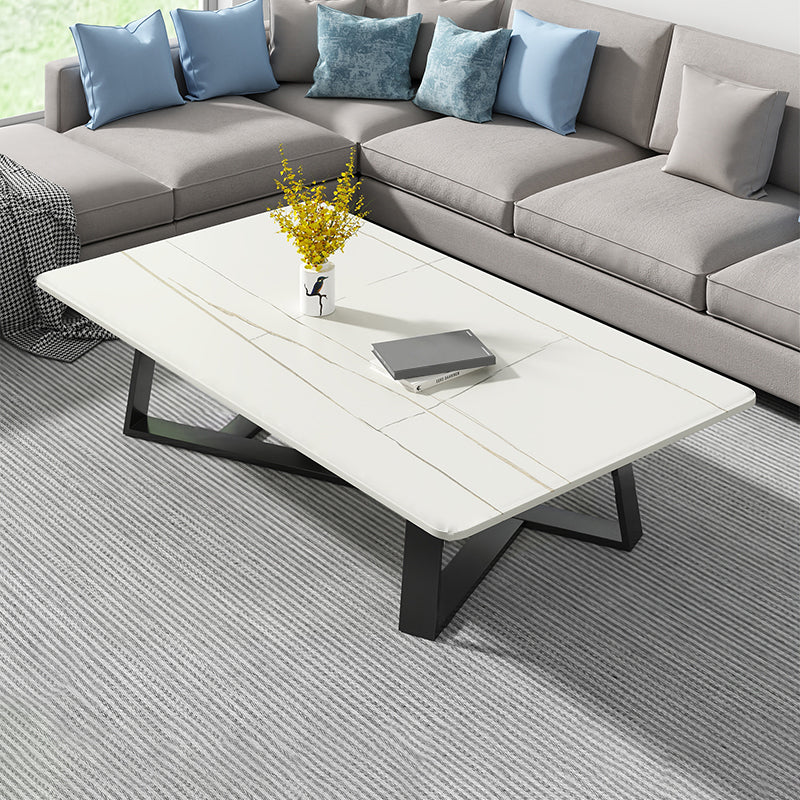 Modern Rectangle Coffee or End Table Stone and Steel Coffee Table with Cross Legs