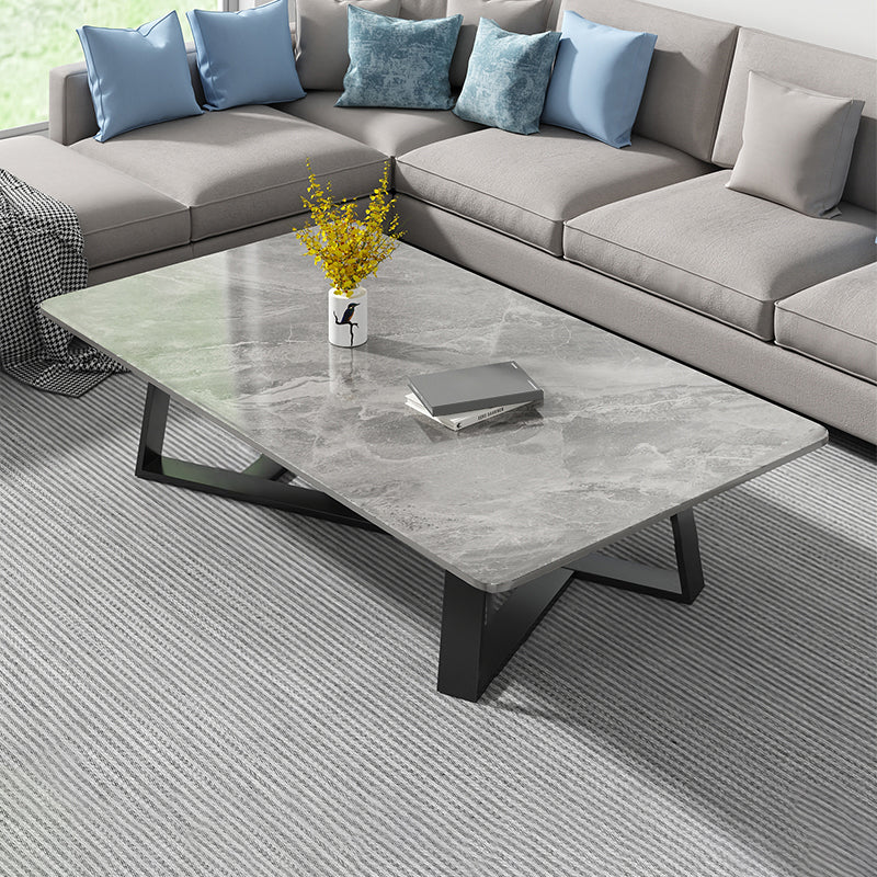 Modern Rectangle Coffee or End Table Stone and Steel Coffee Table with Cross Legs