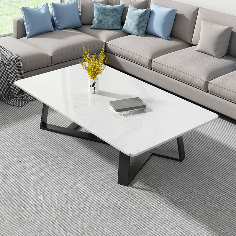 Modern Rectangle Coffee or End Table Stone and Steel Coffee Table with Cross Legs