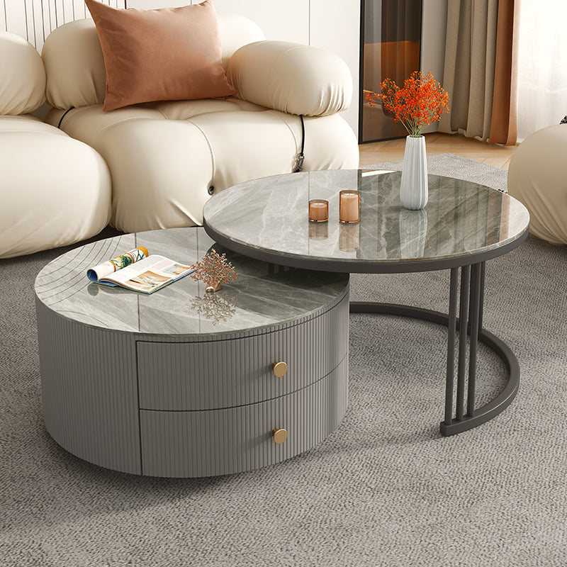 Contemporary Round Coffee Table 2-Piece Coffee or End Table in White and Grey