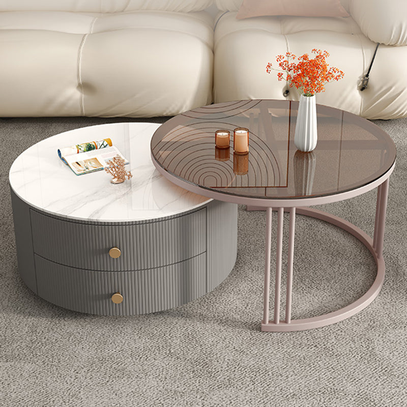 Contemporary Round Coffee Table 2-Piece Coffee or End Table in White and Grey