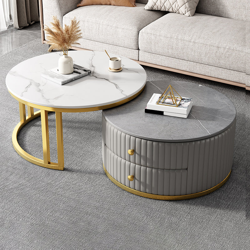 Modern Coffee Cocktail Table Round Glass / Slate Coffee Table with 2 Drawers