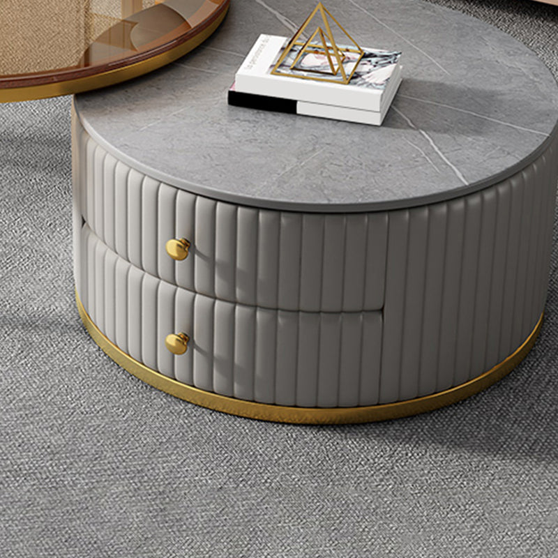Modern Coffee Cocktail Table Round Glass / Slate Coffee Table with 2 Drawers