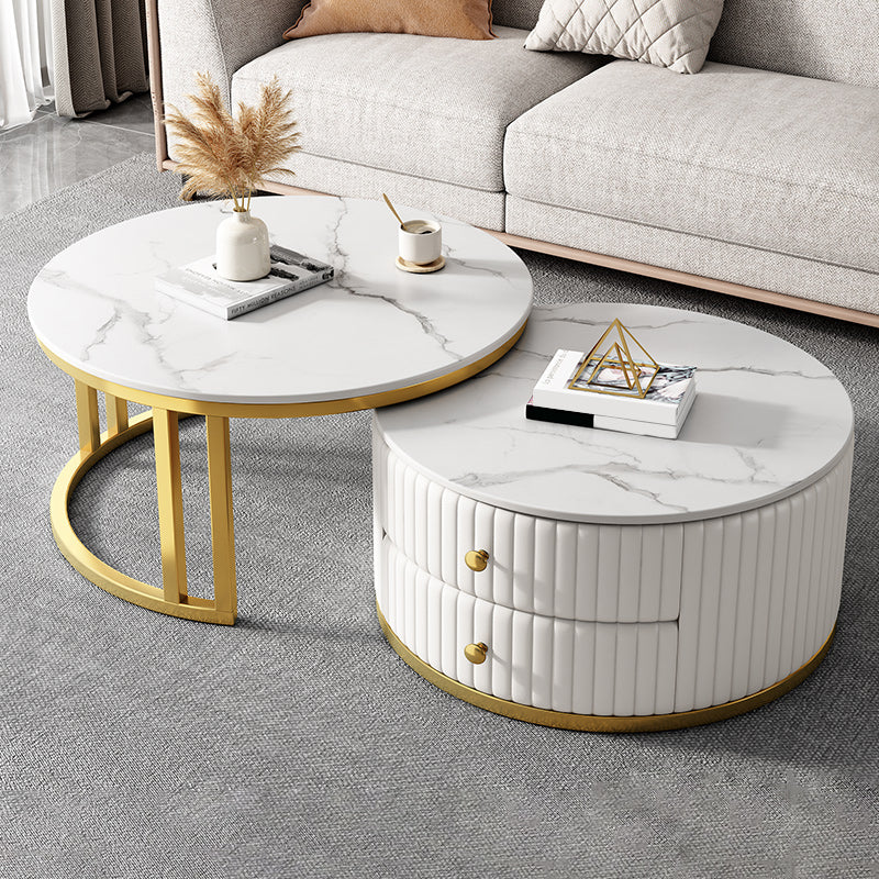 Modern Coffee Cocktail Table Round Glass / Slate Coffee Table with 2 Drawers