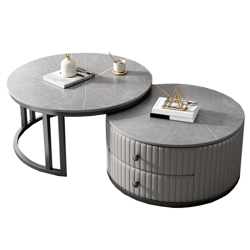 Modern Coffee Cocktail Table Round Glass / Slate Coffee Table with 2 Drawers