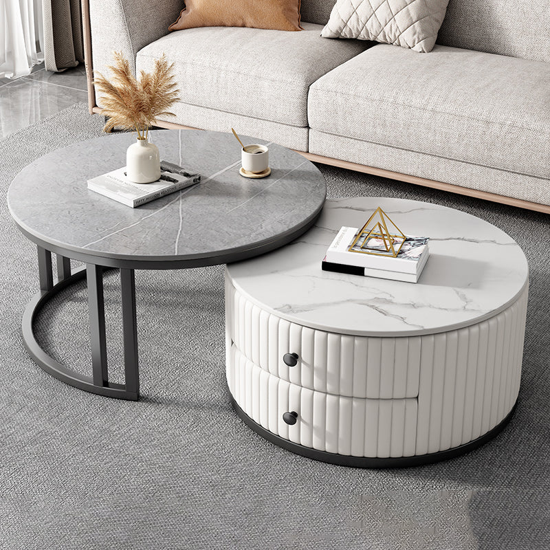 Modern Coffee Cocktail Table Round Glass / Slate Coffee Table with 2 Drawers