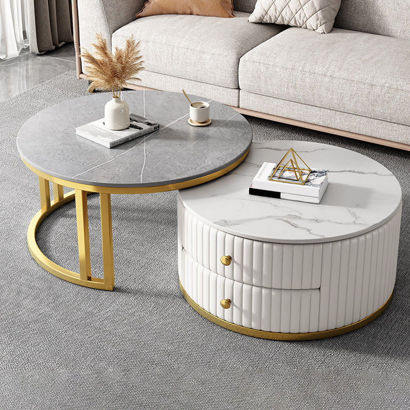Modern Coffee Cocktail Table Round Glass / Slate Coffee Table with 2 Drawers