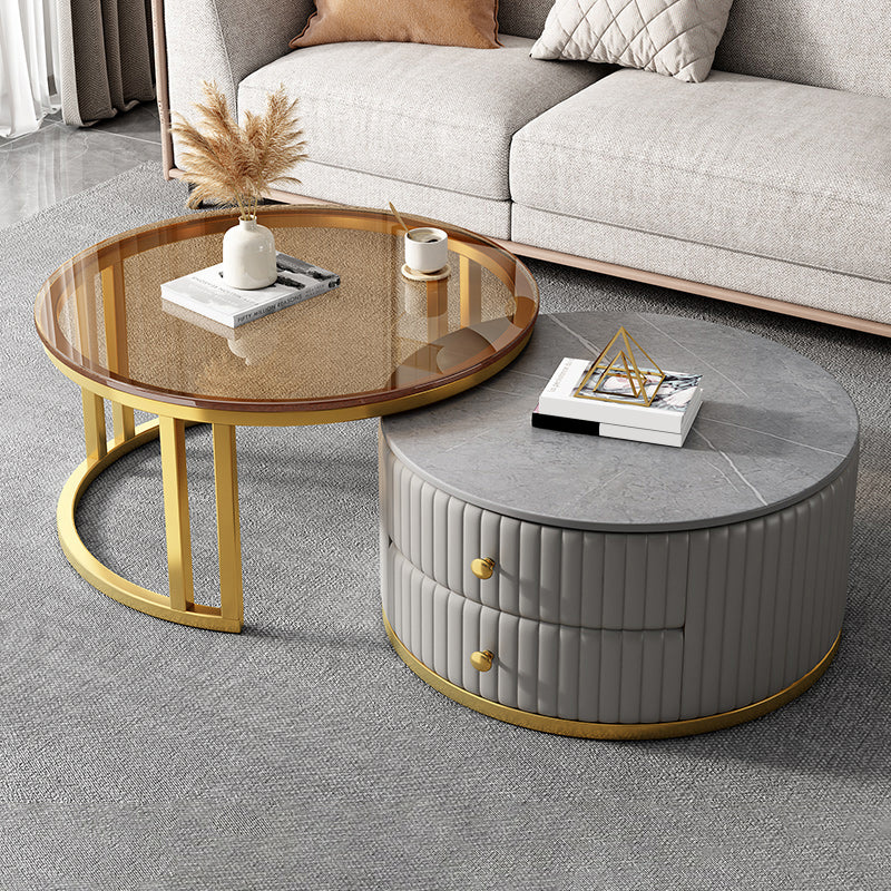 Modern Coffee Cocktail Table Round Glass / Slate Coffee Table with 2 Drawers