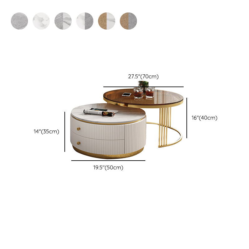 Modern Coffee Cocktail Table Round Glass / Slate Coffee Table with 2 Drawers