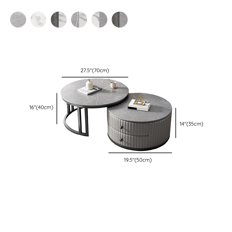 Modern Coffee Cocktail Table Round Glass / Slate Coffee Table with 2 Drawers
