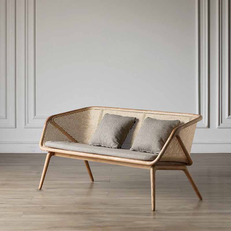 Rattan Linen Sofa 25.59" High Sloped Arm Sofa with Loose Back for Living Room