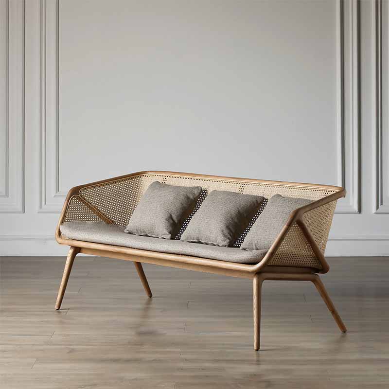 Rattan Linen Sofa 25.59" High Sloped Arm Sofa with Loose Back for Living Room