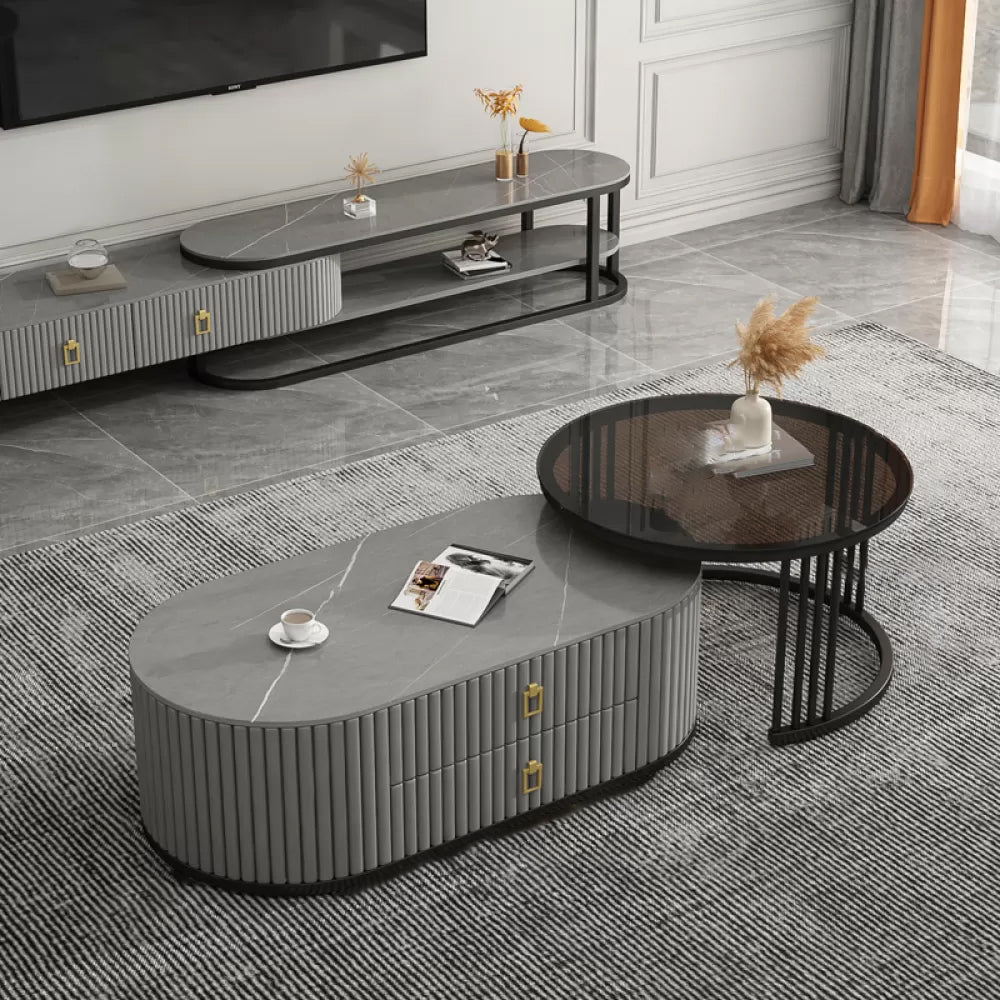Slate Frame Coffee Table Glam Nesting Coffee Table Set with 2 Drawers