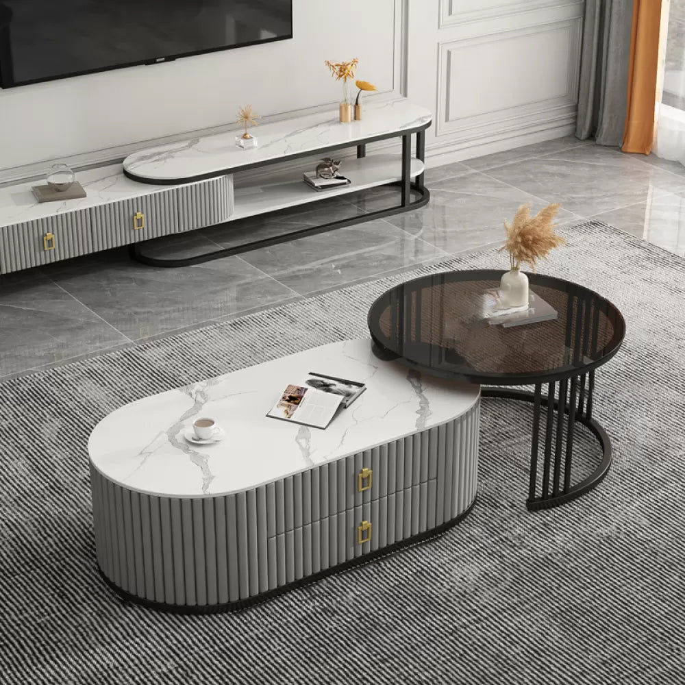 Slate Frame Coffee Table Glam Nesting Coffee Table Set with 2 Drawers