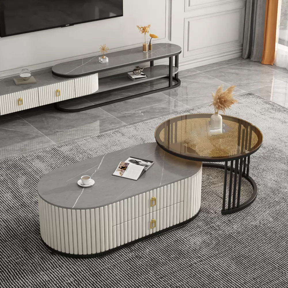 Slate Frame Coffee Table Glam Nesting Coffee Table Set with 2 Drawers