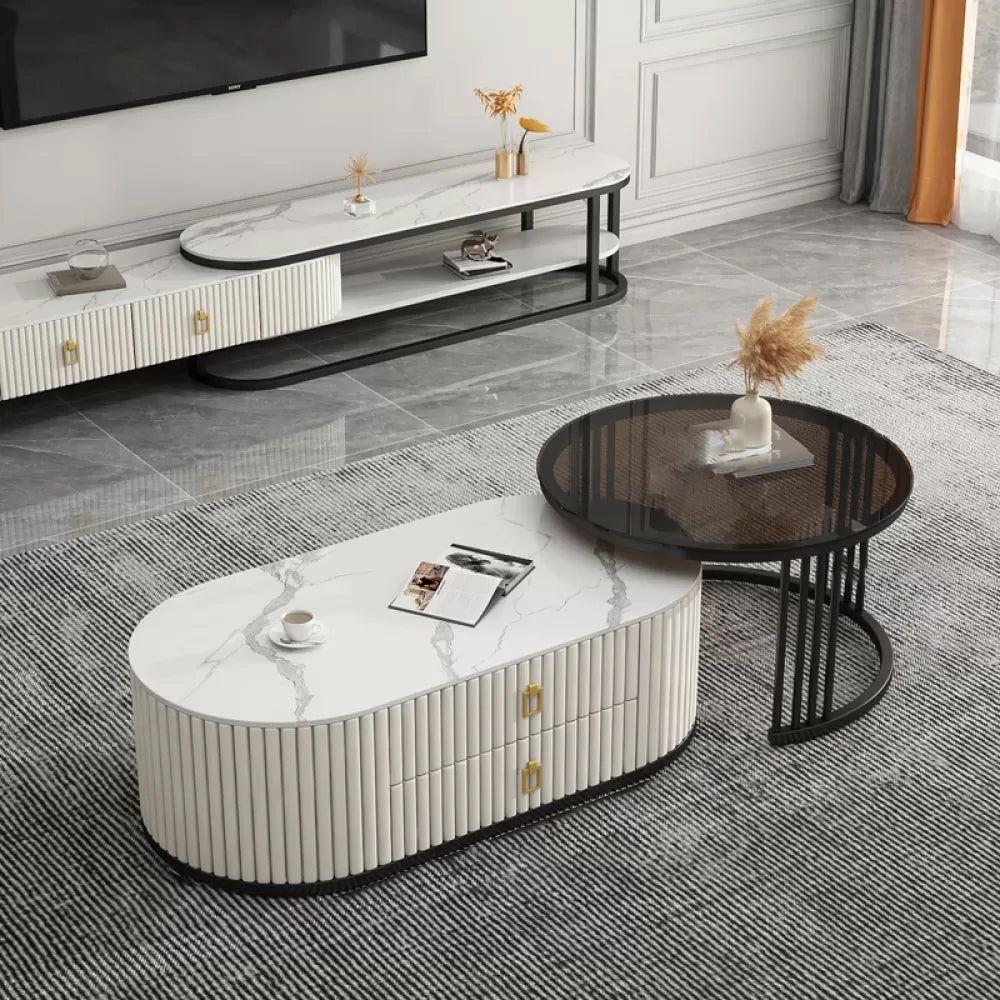 Slate Frame Coffee Table Glam Nesting Coffee Table Set with 2 Drawers