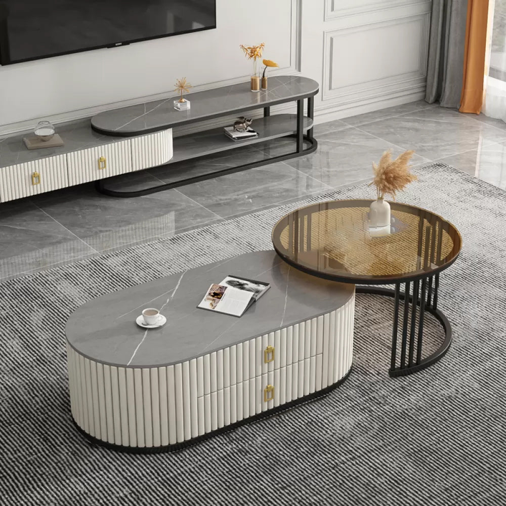 Slate Frame Coffee Table Glam Nesting Coffee Table Set with 2 Drawers