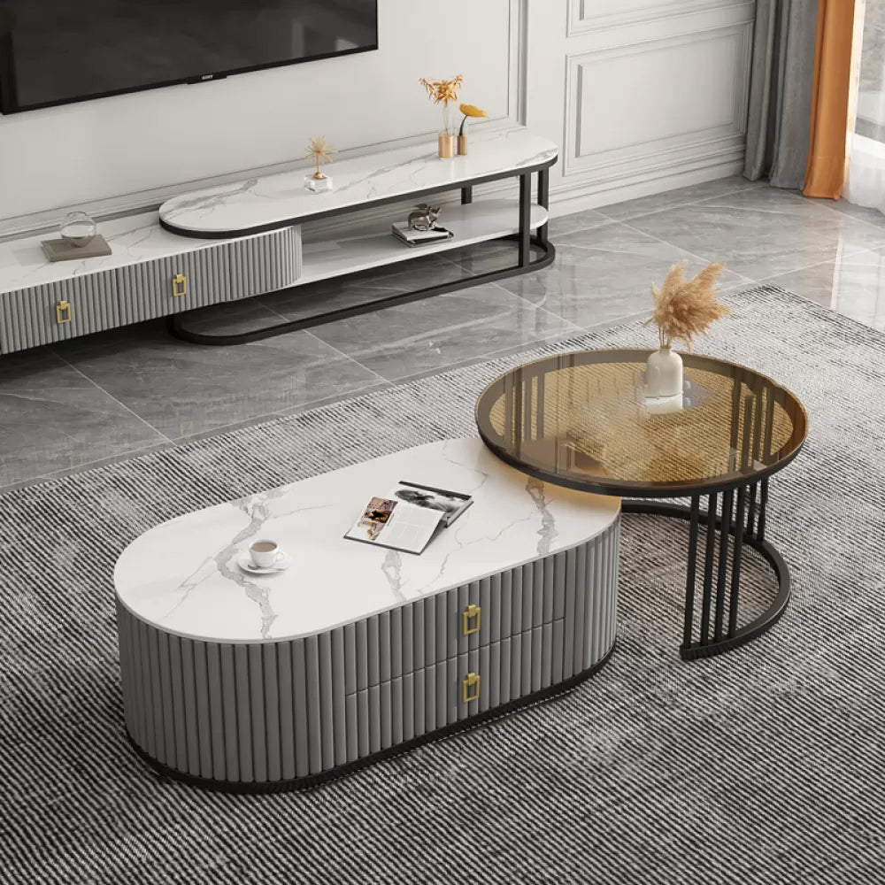 Slate Frame Coffee Table Glam Nesting Coffee Table Set with 2 Drawers