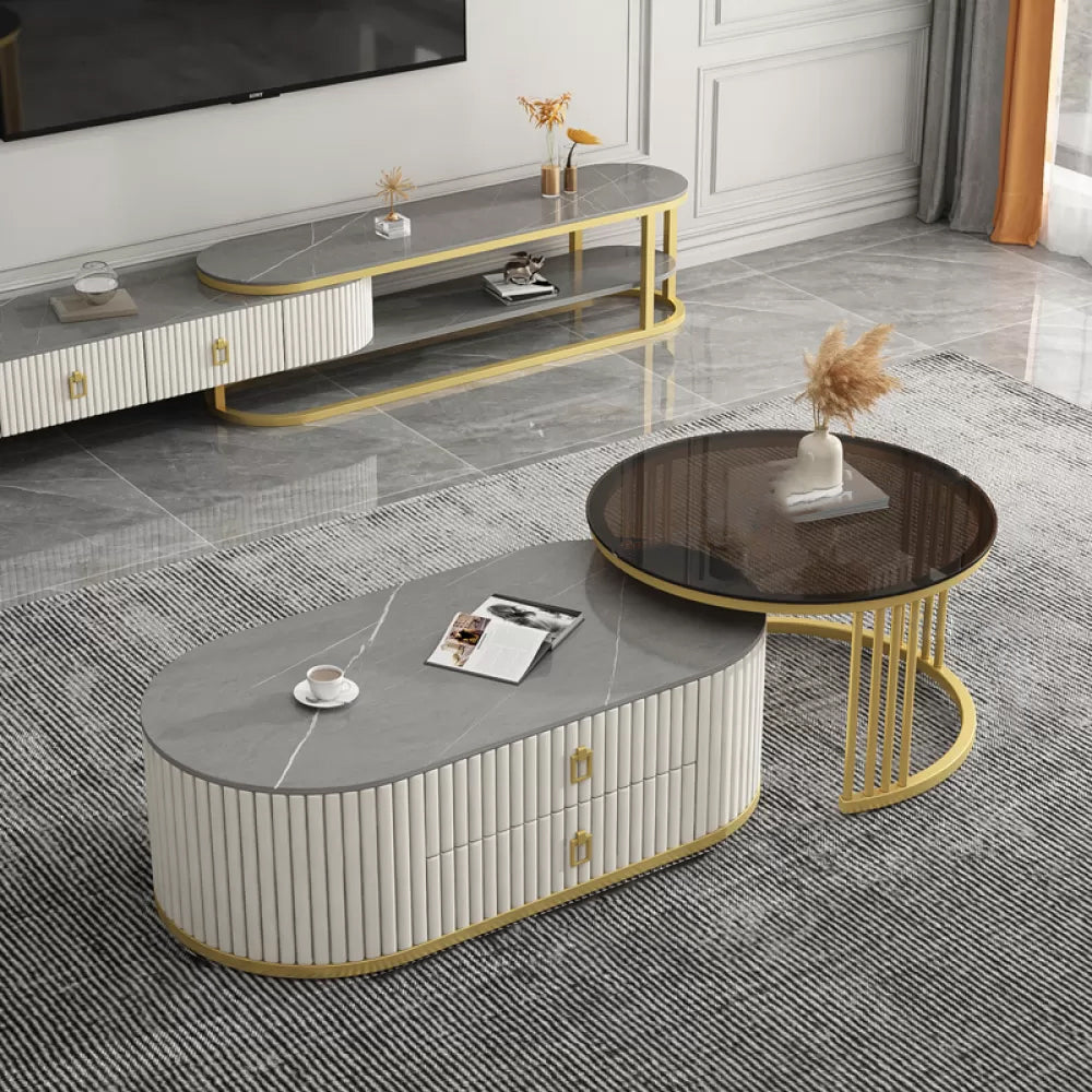 Slate Frame Coffee Table Glam Nesting Coffee Table Set with 2 Drawers