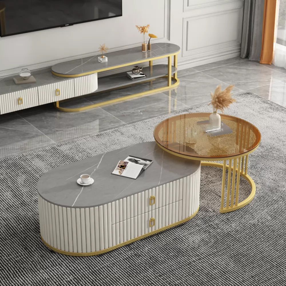 Slate Frame Coffee Table Glam Nesting Coffee Table Set with 2 Drawers