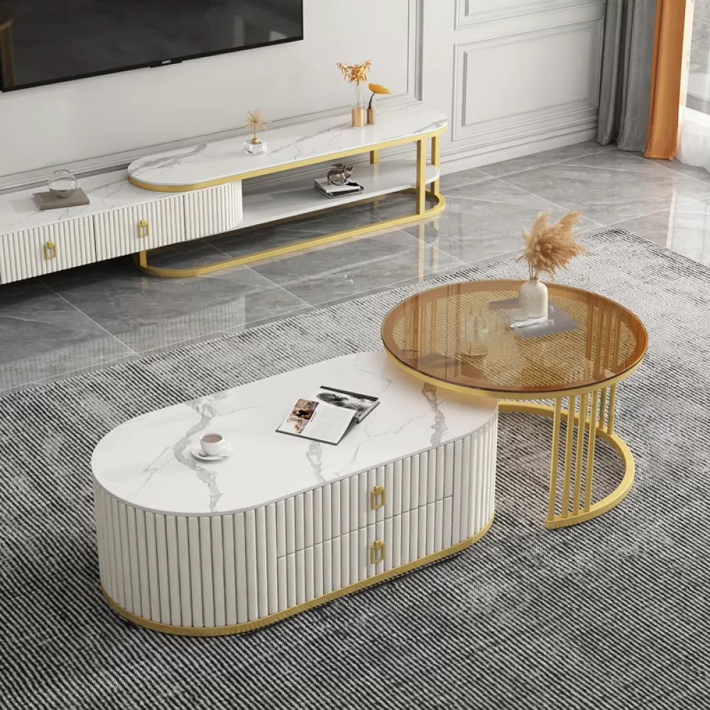 Slate Frame Coffee Table Glam Nesting Coffee Table Set with 2 Drawers