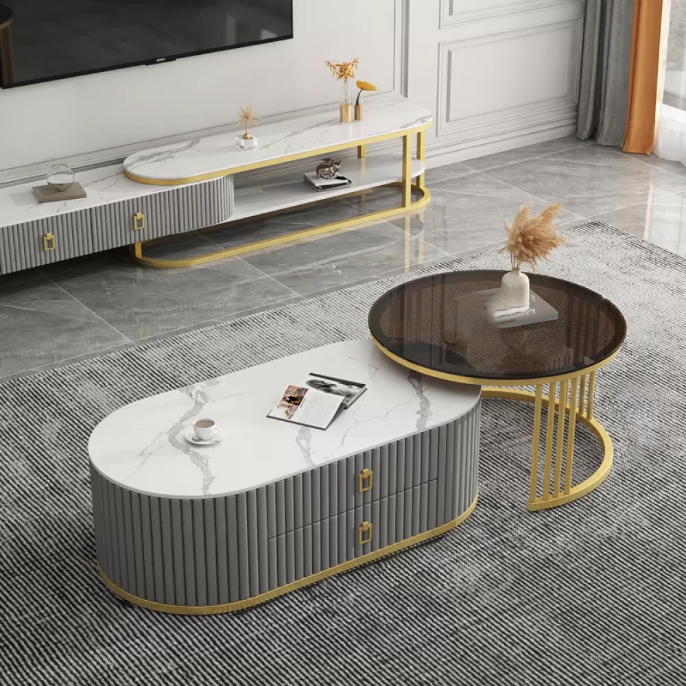 Slate Frame Coffee Table Glam Nesting Coffee Table Set with 2 Drawers