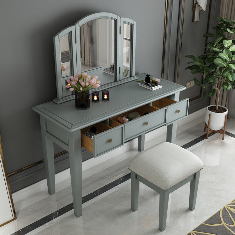 Traditional 3-Drawer Wood Dressing Table with Mirror Makeup Vanity Stool
