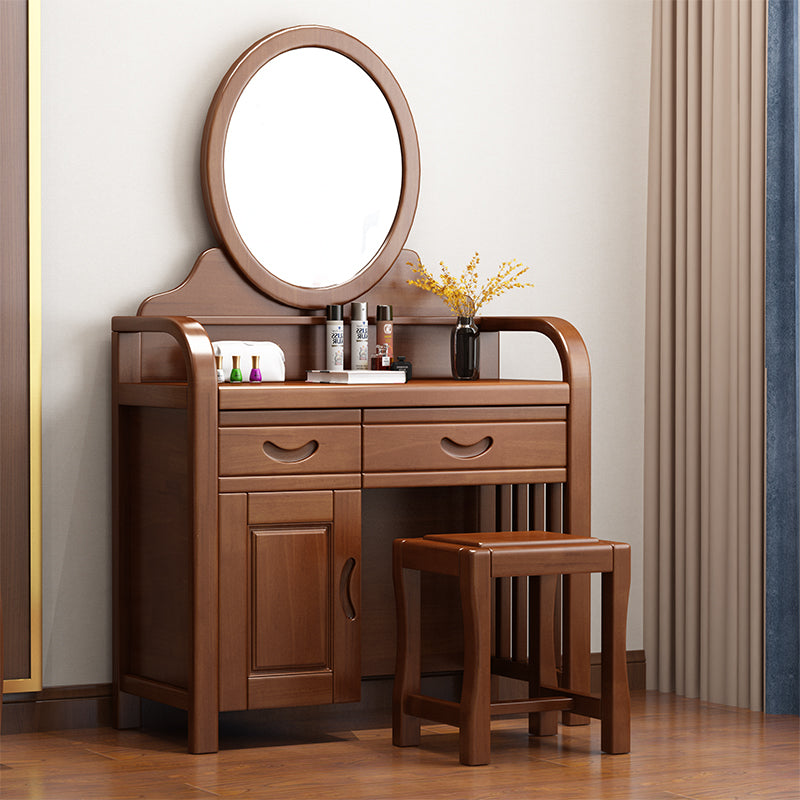 Traditional 2-Drawer Solid Wood Dressing Table with Mirror Makeup Vanity Stool