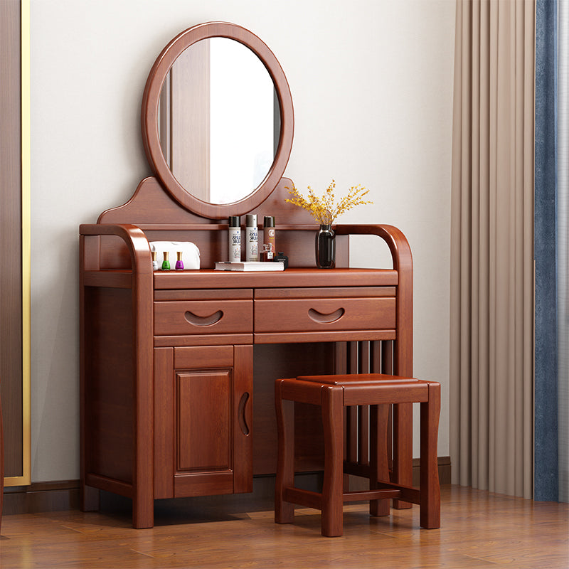 Traditional 2-Drawer Solid Wood Dressing Table with Mirror Makeup Vanity Stool