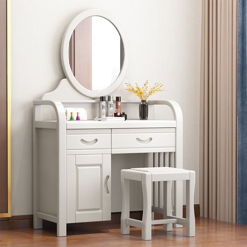 Traditional 2-Drawer Solid Wood Dressing Table with Mirror Makeup Vanity Stool