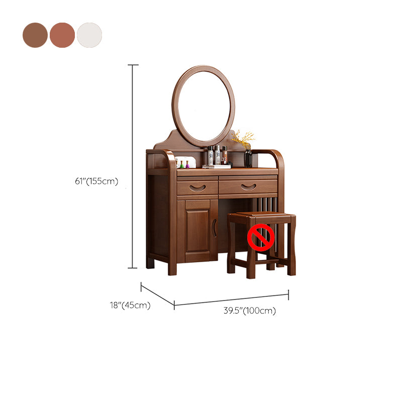 Traditional 2-Drawer Solid Wood Dressing Table with Mirror Makeup Vanity Stool