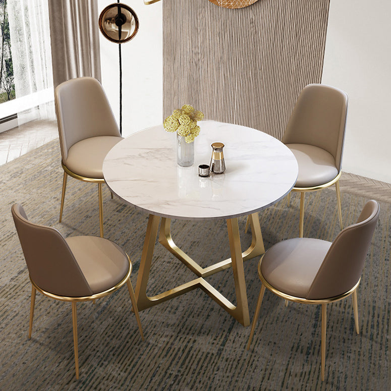Glam Stone Round Dining Table Double Pedestal Table for Dining Room
